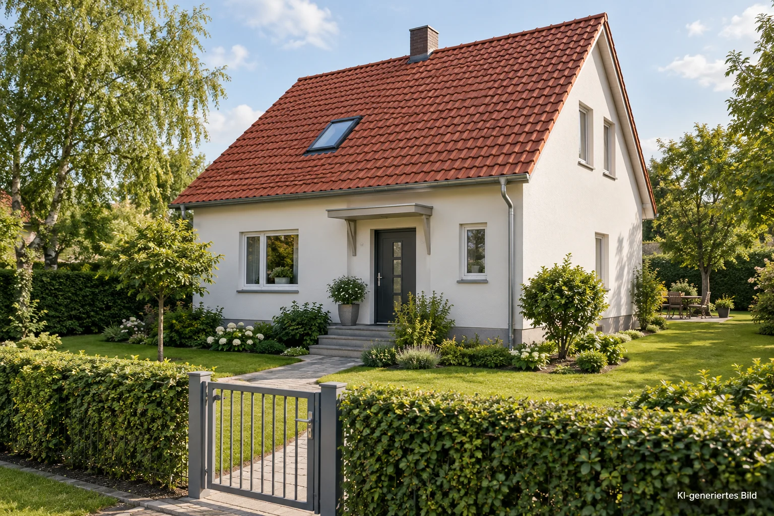 Einfamilienhaus mit Garten und Grundstückszugang als neutrales Symbol für den Verkauf eines Erbbaurechts