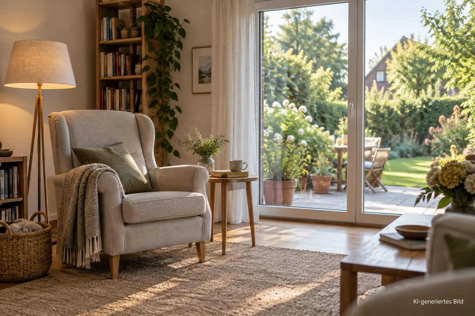 Bewohnt wirkendes Wohnzimmer mit Lesesessel und Gartenblick als Symbol für ein Haus mit fortbestehendem Wohnrecht